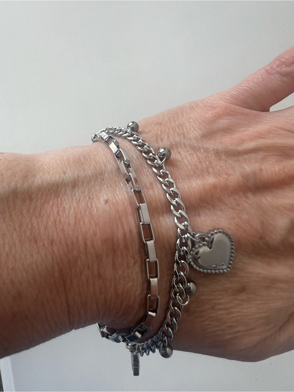 Silver Heart Charm Chain Bracelet Set